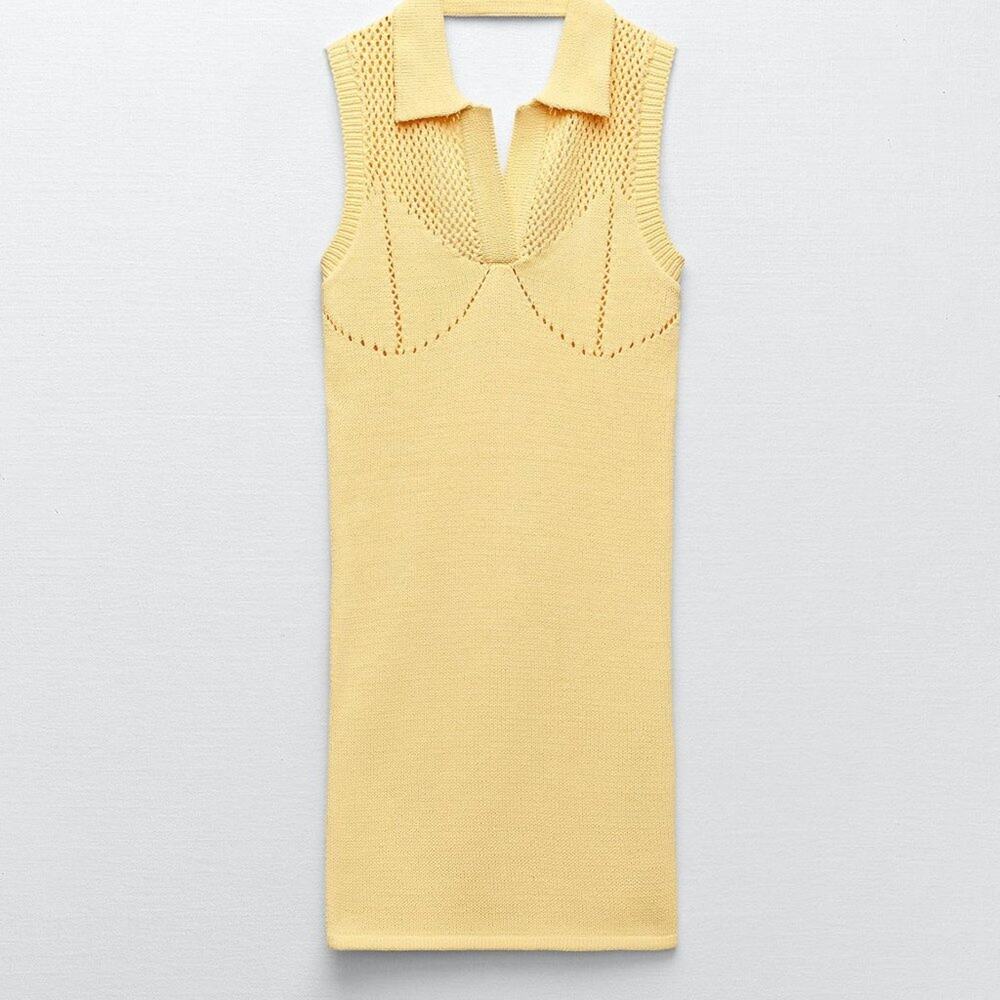 Zara Mini Dress Yellow Perforated Open Back Knit Size Medium NEW